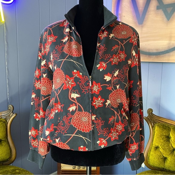 Vintage Jackets & Blazers - Vintage 90s Notations Silk Floral Zip Up Jacket Size M